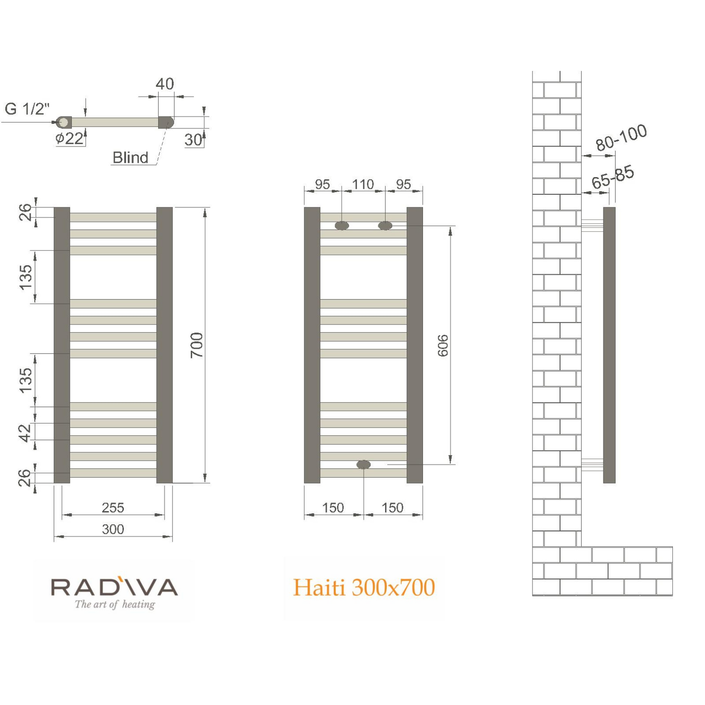 Radiator 300x700 mm Wit inclusief aansluiting