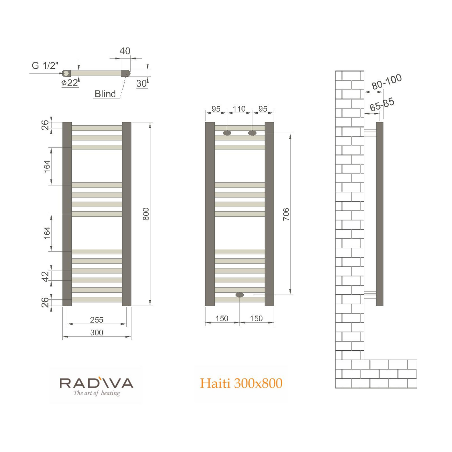 Radiator 300x800 mm Wit inclusief aansluiting